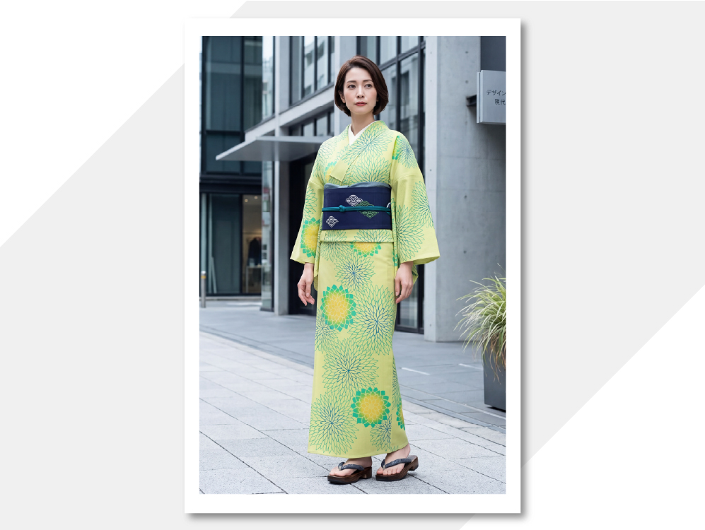浜松注染 綿麻 浴衣(ゆかた) 注染 菊 黄色×青緑