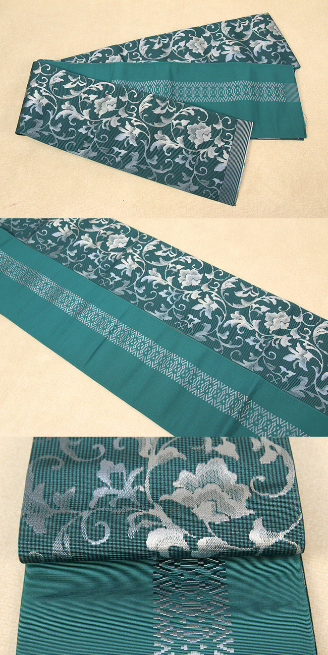 新品 博多織 麻絹 単衣半幅帯 西村織物 薄緑青色 帯端かがり加工代込-