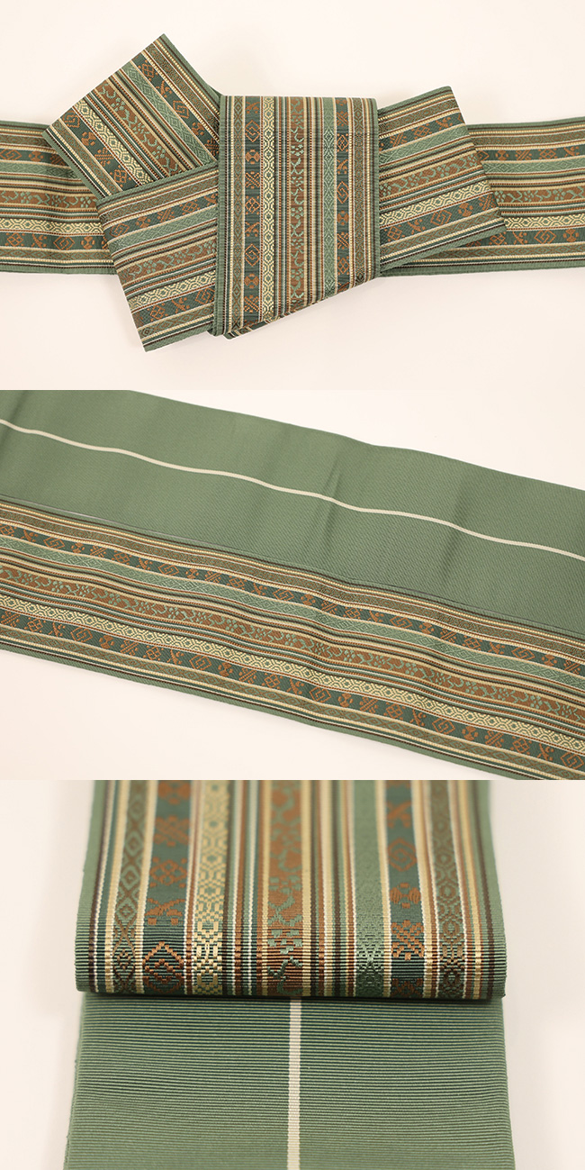 博多織 西村織物 角帯 正絹 更紗 緑×茶