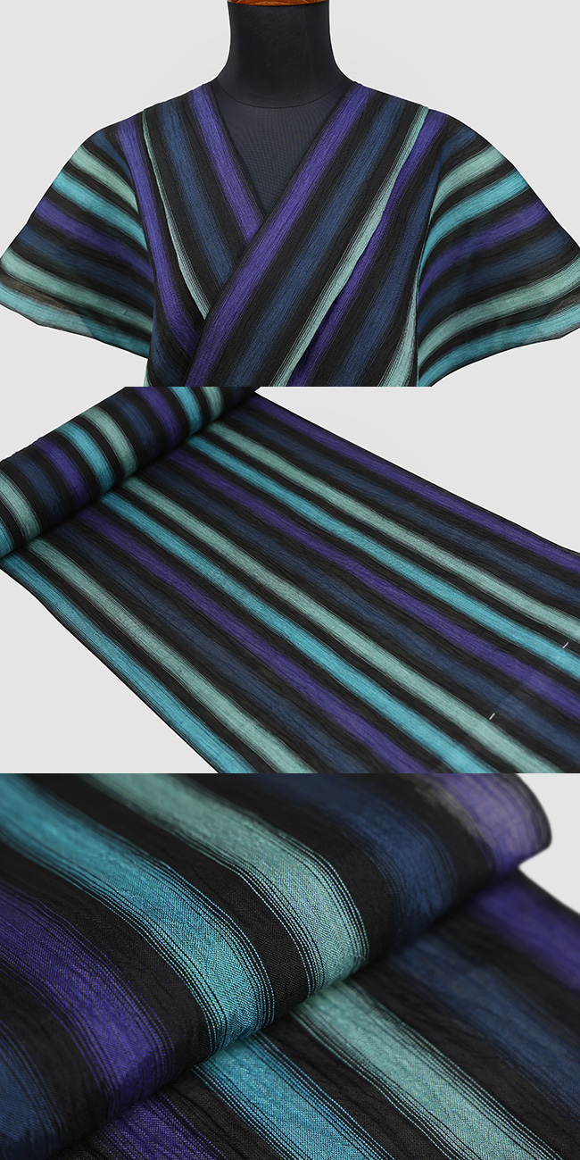 夏着物 小千谷ちぢみ 杉山織物 楊柳 オーダー仕立て付き ストライプ 黒×紫×青緑