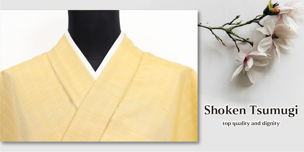 正絹 着物 手引き真綿紬 縞 黄色