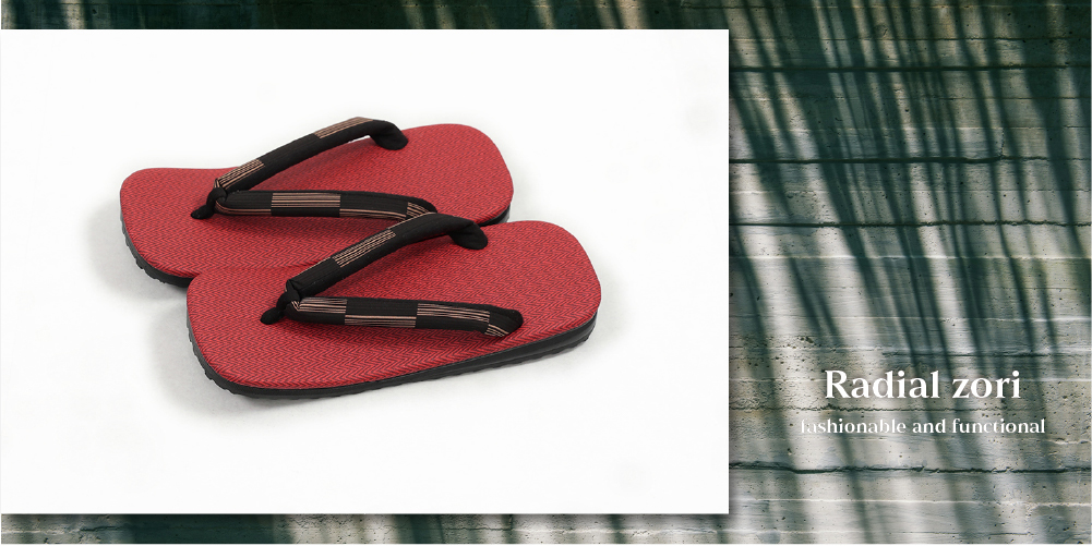 ラジアル草履 雪駄 男性用 赤ジグザグ×縞市松 黒 LLサイズ