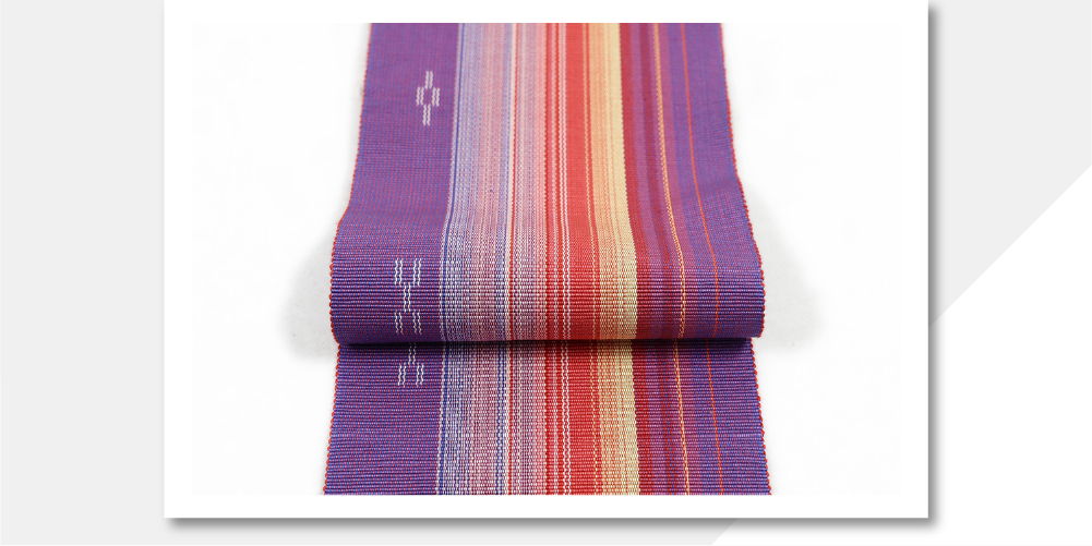 沖縄 伝統的工芸品 八重山ミンサー 木綿 半幅帯 紫色 カラフルストライプ