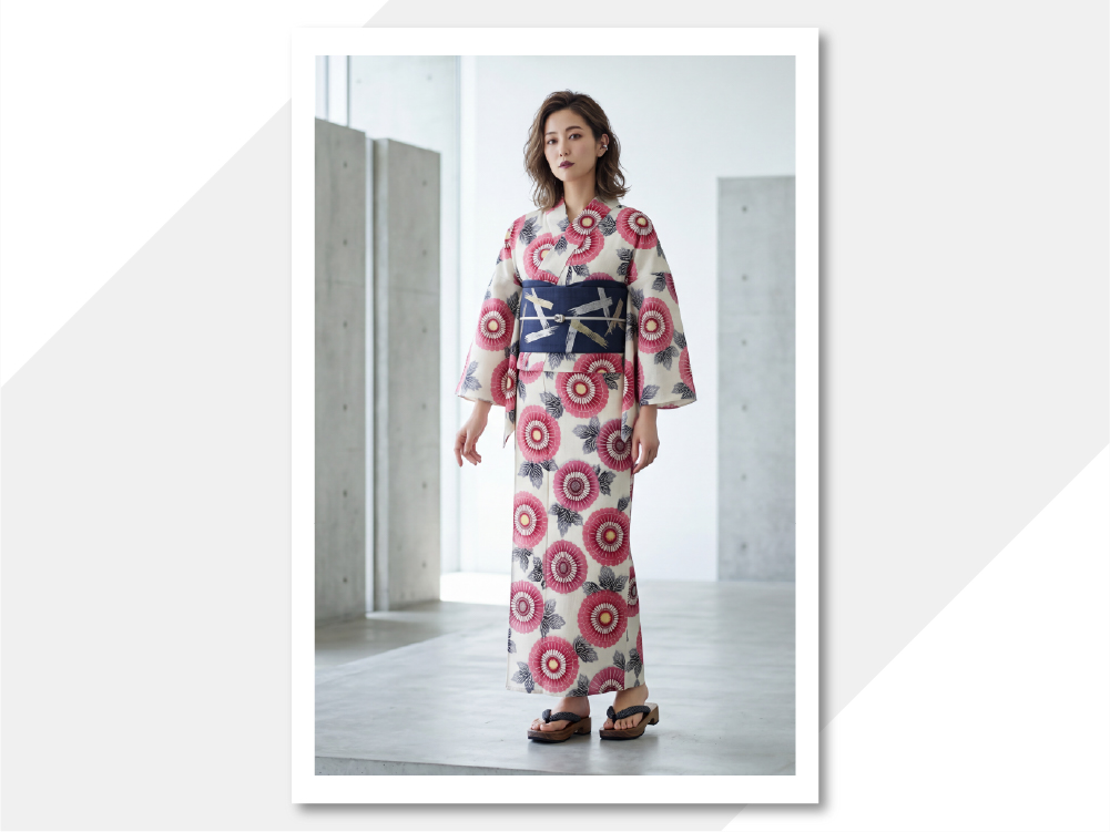 三勝 綿 浴衣(ゆかた) 綿紅梅 注染 菊 赤紫